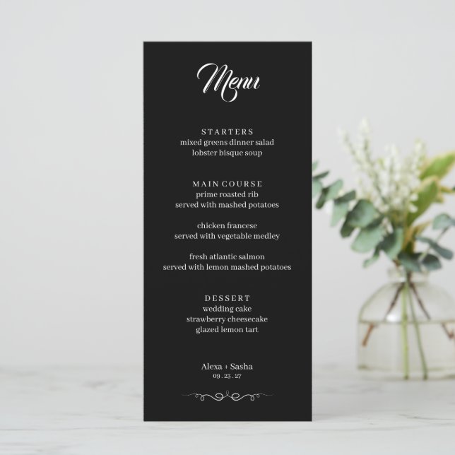 Simple Black & White Elegant Minimalist Wedding Menükarte (Stehend Vorderseite)