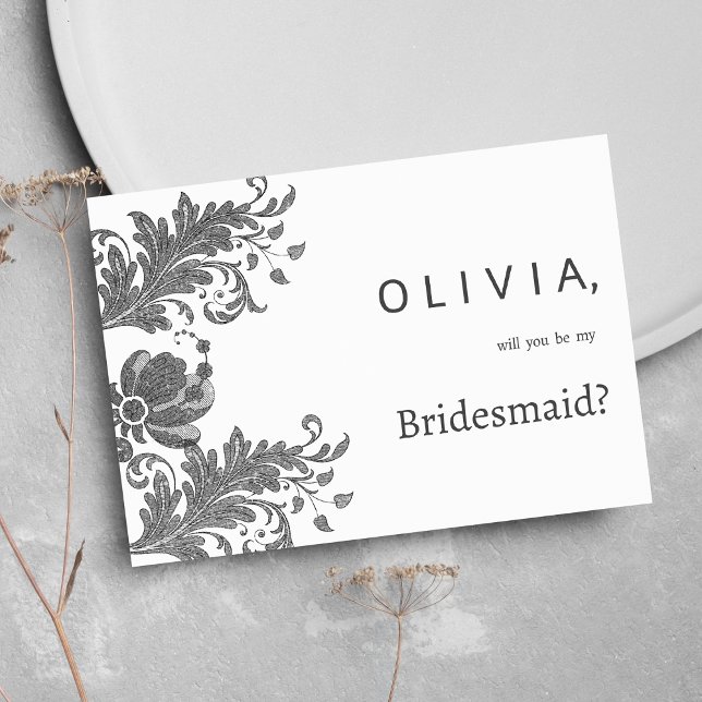 Simple black white glitter floral lace Bridesmaid Einladung (Simple black white glitter floral lace Bridesmaid )
