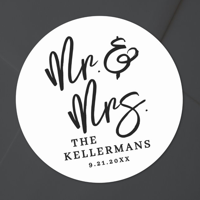 Simple Black White Script Wedding Runder Aufkleber (Simple Black White Script Wedding Classic Round Sticker)