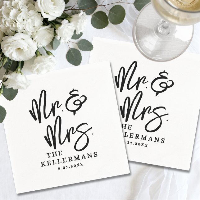 Simple Black White Script Wedding Serviette (Simple Black White Script Wedding Napkins)