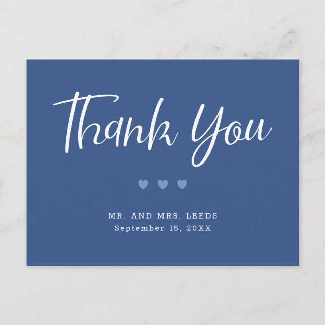 Simple Blue and White Hearts Wedding Vielen Dank Postkarte (Vorderseite)