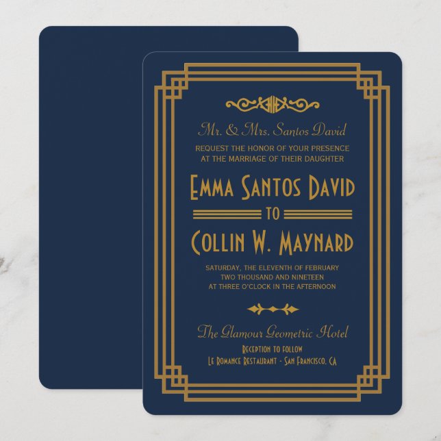 Simple Blue Art Deco Wedding lädt Einladung (Vorne/Hinten)