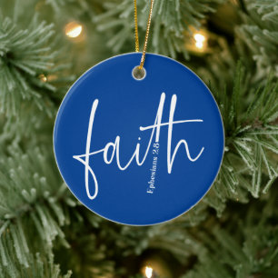 Simple Blue Faith Bible Verse Calligraphy Text Keramik Ornament