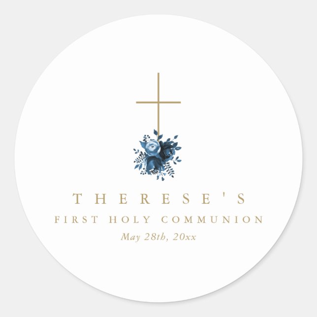 Simple Blue Floral Cross Erste Heilige Kommune Runder Aufkleber (Vorderseite)