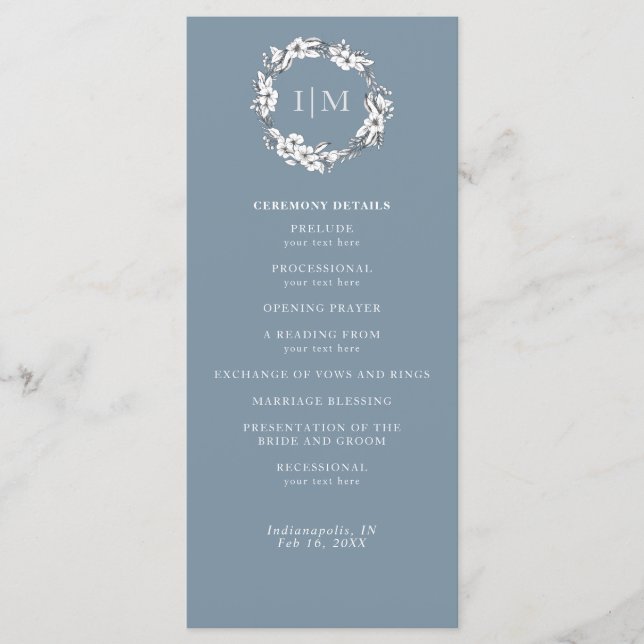Simple Blue Floral Monogramme Programme de mariage (Devant)