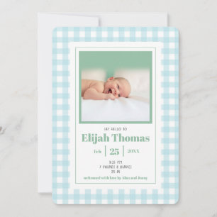 Simple Blue Gingham Foto Custom Newborn Boy Birth Ankündigung
