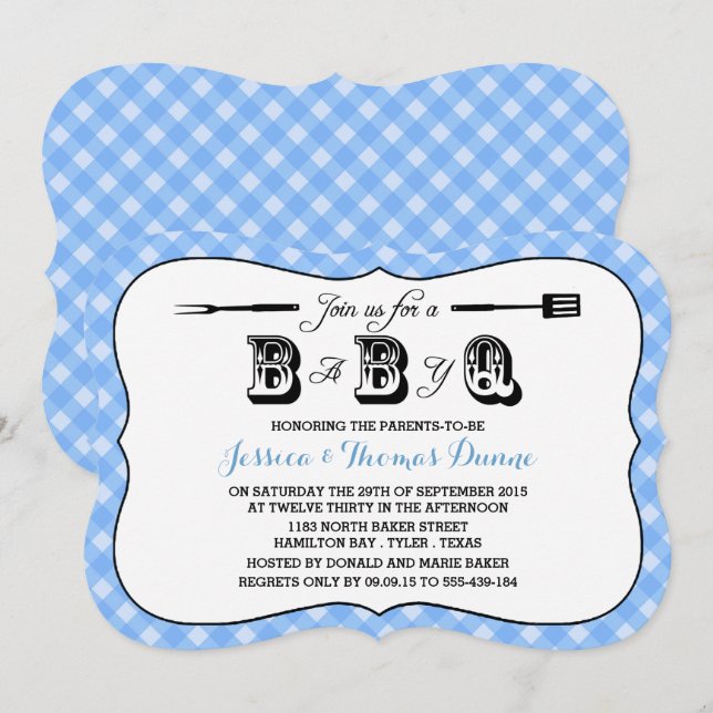 Simple Blue Gingham GRILLEN Baby Shower Einladunge Einladung (Vorne/Hinten)