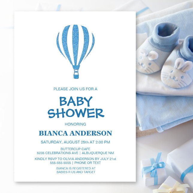 Simple Blue Hot Air Ballon Baby Dusche Einladung (Von Creator hochgeladen)