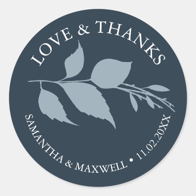 Simple Blue Leaves Thank You Wedding Runder Aufkleber (Vorderseite)