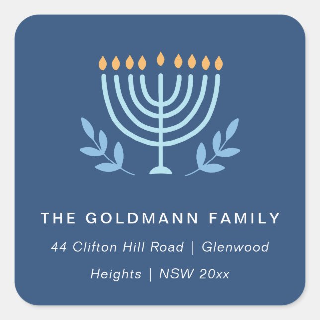 Simple Blue Menorah Candles Hanukkah Adresse Quadratischer Aufkleber (Vorderseite)