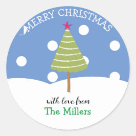 Simple Blue Merry Christmas Tree Runder Aufkleber