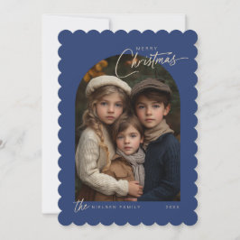 Simple Blue Merry Weihnachts Script Foto Scalloped Feiertagskarte