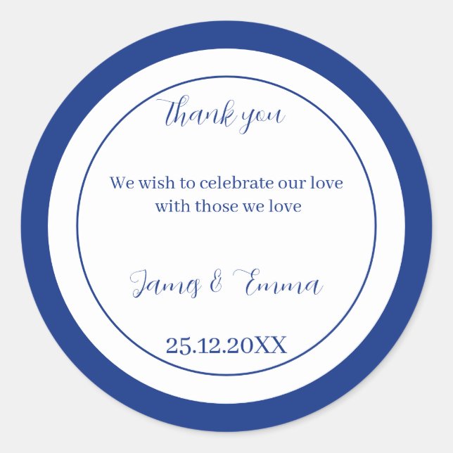 Simple Blue Personalisiert Wedding Runder Aufkleber (Vorderseite)