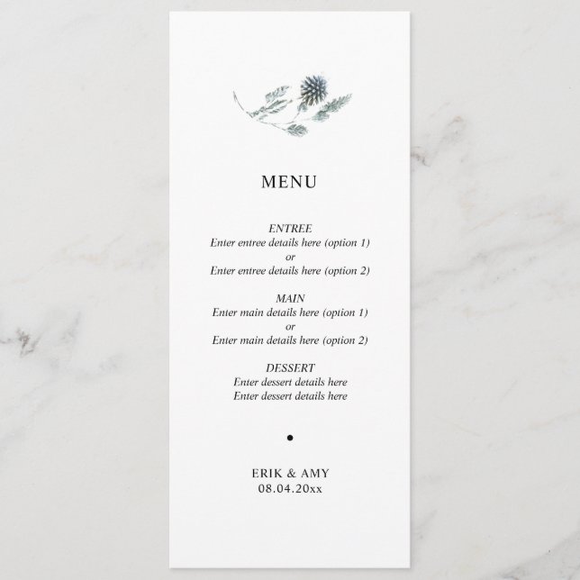 Simple Blue Thistle Floral Wedding Menu Menükarte (Vorderseite)