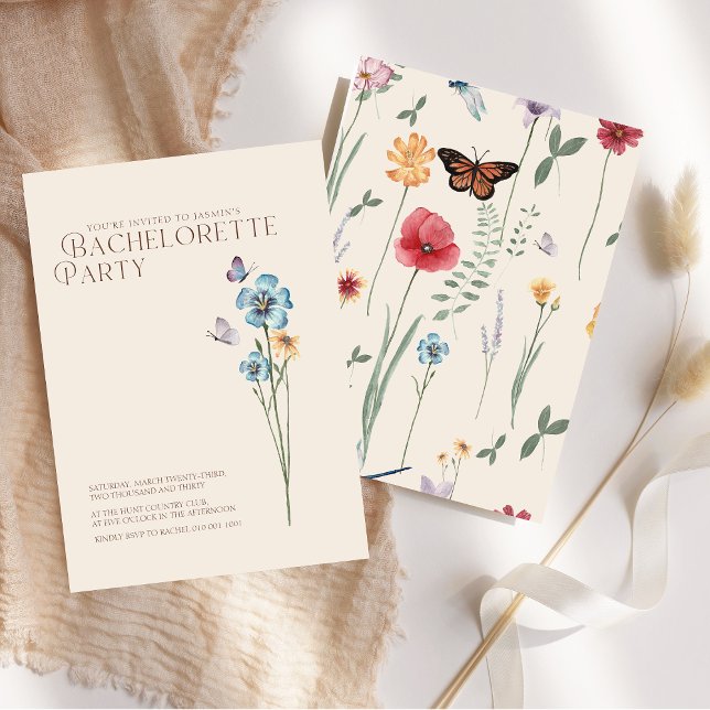 Simple Blue Wildblume Butterfells Bachelorette Einladung (Simple Blue Wildflower Butterflies Bachelorette Invitation)