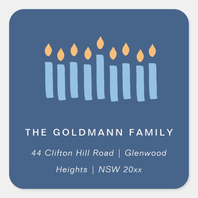 Simple Blue Yellow Candles Hanukkah Adresse Quadratischer Aufkleber (Vorderseite)