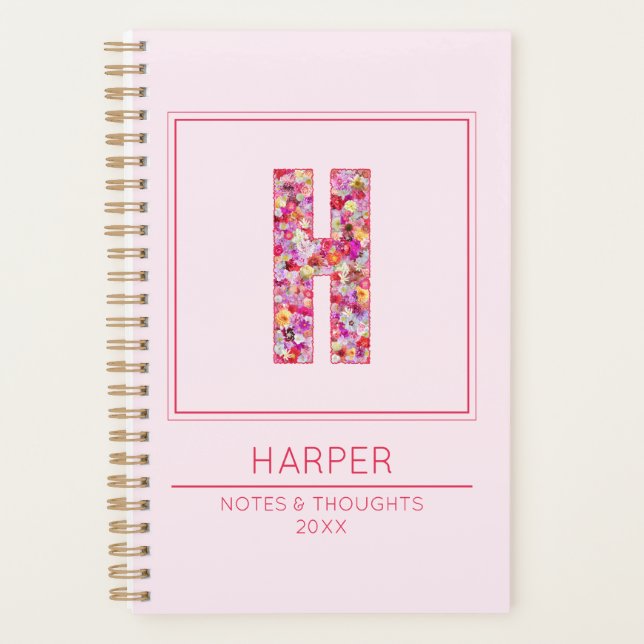 Simple Blush Pink Girly Floral Monogram Letter H Planer (Vorderseite)