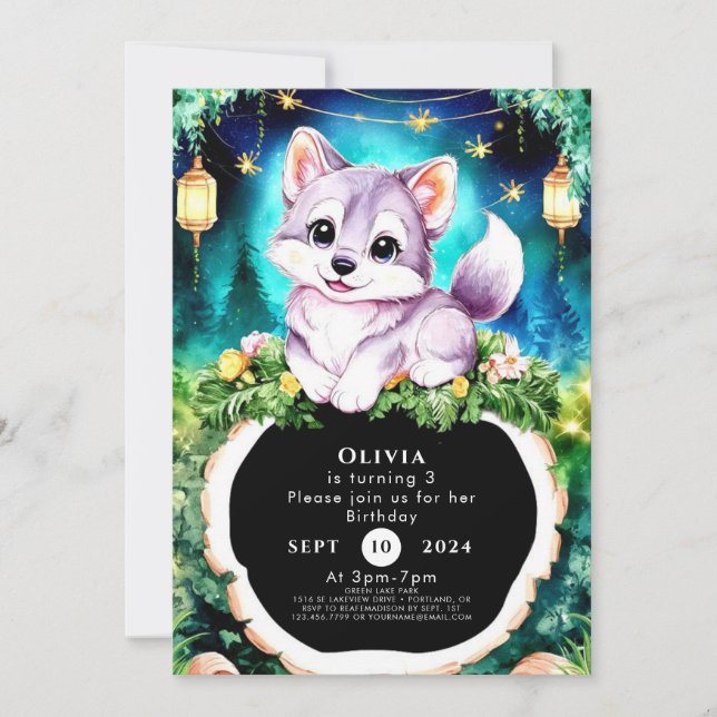 Simple Boho Charming Wolf Birthday Einladung (Vorderseite)
