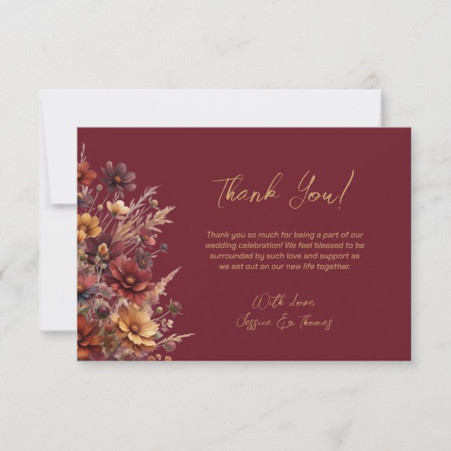 Simple Boho Chic Wildflowers Burgundy Wedding Dankeskarte (Vorderseite)