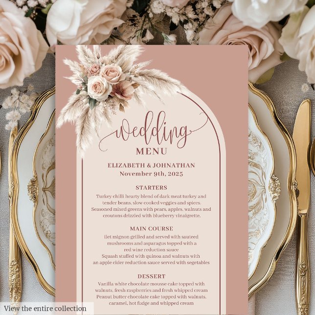 Simple Boho Dusty Rose Pampas Floral Wedding Menu Menükarte (Simple Boho Dusty Rose Pampas Floral Wedding Menu)