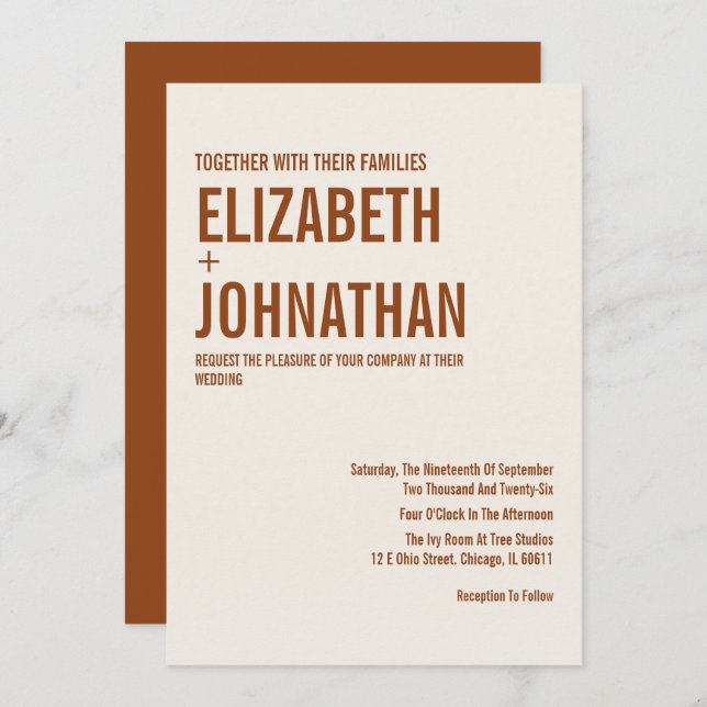 Simple Boho Terracotta Typografie Wedding Invitati Einladung (Vorne/Hinten)