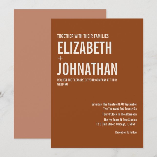 Simple Boho Terracotta Typografy Wedding Einladung (Vorne/Hinten)