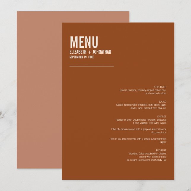 Simple Boho Terracotta Typografy Wedding Menu Menükarte (Vorne/Hinten)