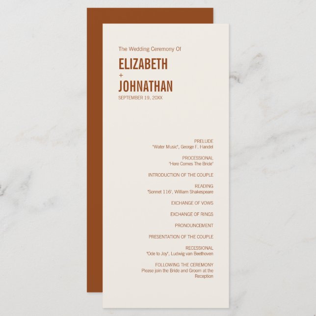 Simple Boho Terracotta Typografy Wedding Program Programm (Vorne/Hinten)