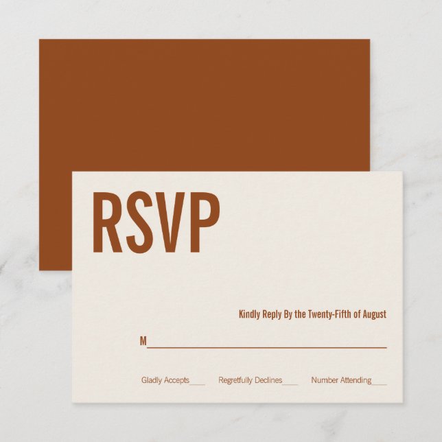 Simple Boho Terracotta Typografy Wedding RSVP Karte (Vorne/Hinten)