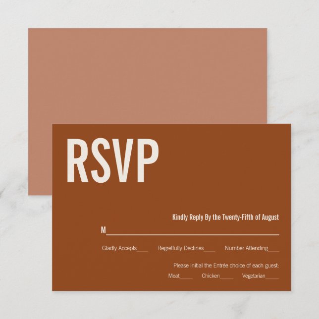Simple Boho Terracotta Typografy Wedding RSVP Karte (Vorne/Hinten)