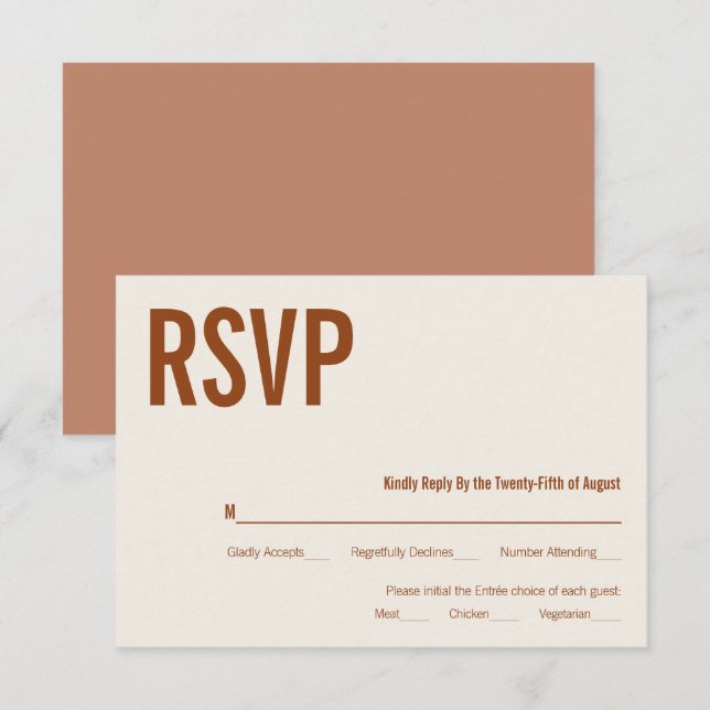 Simple Boho Terracotta Typografy Wedding RSVP Karte (Vorne/Hinten)