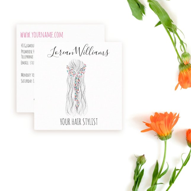 Simple Boho Wedding Hair Stylist Romantische Blume Quadratische Visitenkarte (Von Creator hochgeladen)