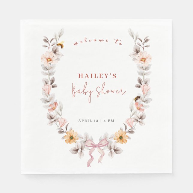 Simple Boho Wildblume Wreath Welcome Baby Dusche Serviette (Vorderseite)