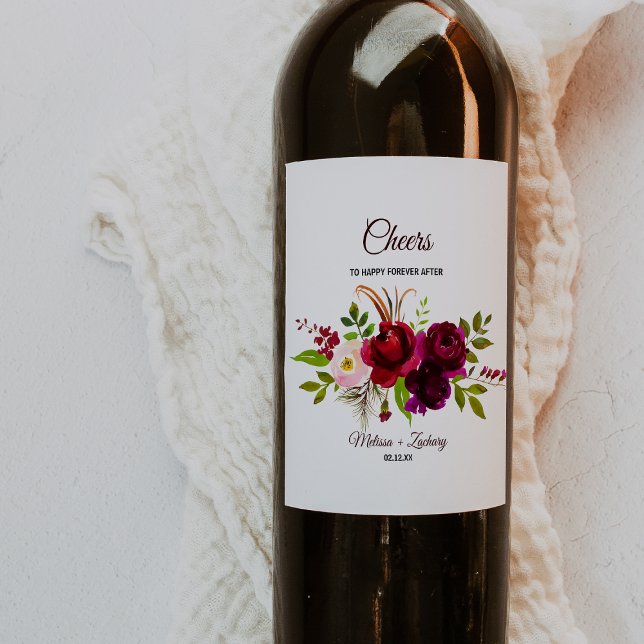 Simple Bourgogne Floral Mariage Étiquettes de vin (Créateur téléchargé)