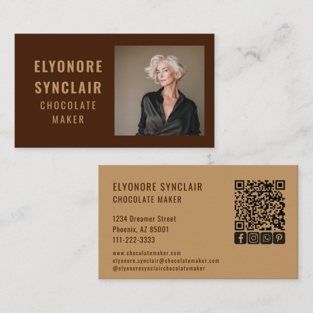 Simple Brown Chocolate Maker Photo Social QR Code  Visitenkarte (Vorne/Hinten)