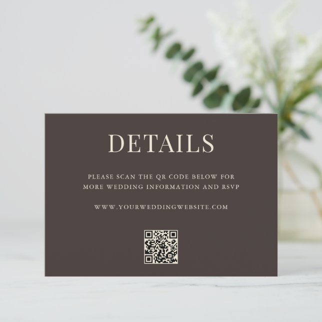 Simple Brown Modern QR Code Wedding Details Begleitkarte (Stehend Vorderseite)
