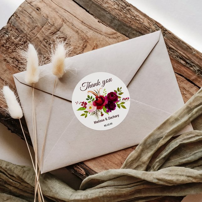 Simple Burgundy Floral Vielen Dank Runder Aufkleber (Von Creator hochgeladen)