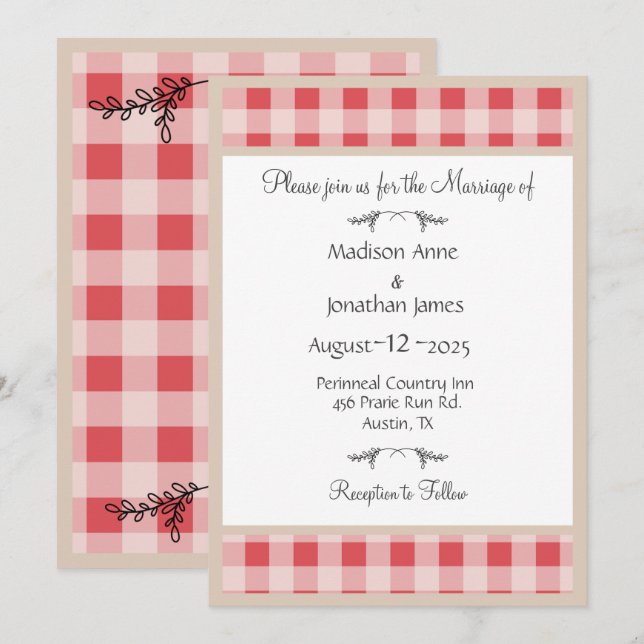 Simple Burgundy Kariert Gingham Country Weddig Einladung (Vorne/Hinten)