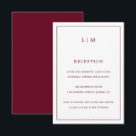 Simple Burgundy Monogram Elegant Wedding Begleitkarte<br><div class="desc">Einfache Hochzeitskarte mit modernem und dennoch elegantem Design, oben mit Ihrem zweistelligen Monogramm, sowie mit den Informationen Ihres Empfangs, umgeben von einer dünnen Grenze. Alle Designelemente sind bordeauxrot und können im Entwurfsbearbeitungstool geändert werden. Ein elegantes und stilvolles Design, das sich ideal für ein minimalistisches Paar eignet. Diese Karten sind eine...</div>