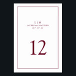 Simple Burgundy Monogram Elegant Wedding Tischnummer<br><div class="desc">Einfache Tischnummer mit elegantem und zeitlosem Design mit zwei Buchstaben Monogramm, Namen, Datum und Tischnummer umgeben von einem dünnen Rand. Alle Designelemente sind bordeauxfarben auf weißem Hintergrund und können in jede Farbe des Designbearbeitungstools umgewandelt werden. Ein gepflegtes und klassisches Design, ideal für ein Paar, das eine traditionelle Tischnummer mit einer...</div>