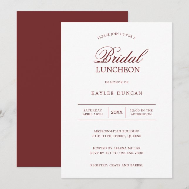 Simple Burgundy White Minimalistisch Bridal Lunche Einladung (Vorne/Hinten)