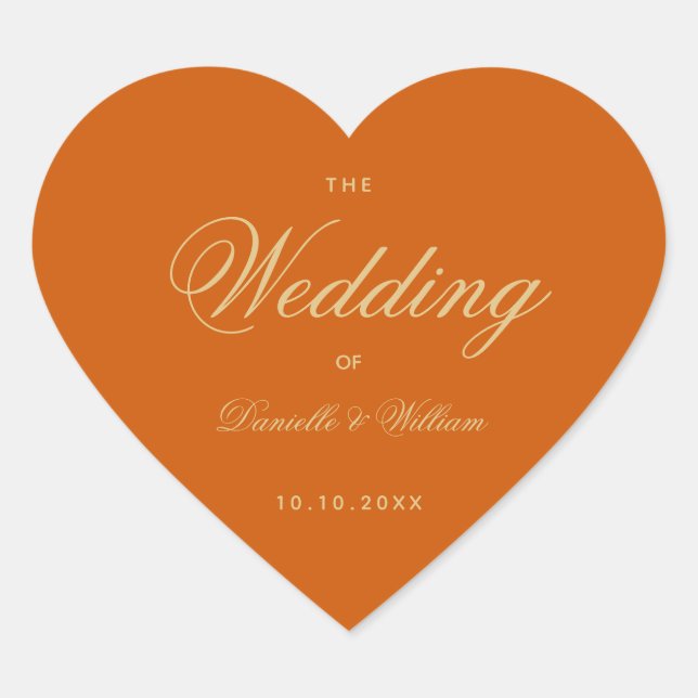 Simple Burnt Orange Wedding Elegante Kalligraphie Herz-Aufkleber (Vorderseite)