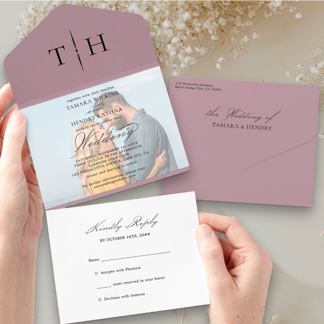 Simple Calligraphy Foto Dusty Rose UAWG Wedding All In One Einladung (Von Creator hochgeladen)