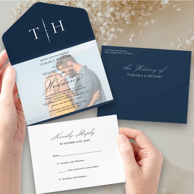 Simple Calligraphy Foto Navy Blue UAWG Wedding Al All In One Einladung (Von Creator hochgeladen)