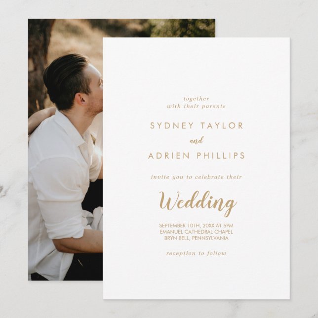 Simple Calligraphy|Gold Foto Informelle Hochzeit Einladung (Vorne/Hinten)