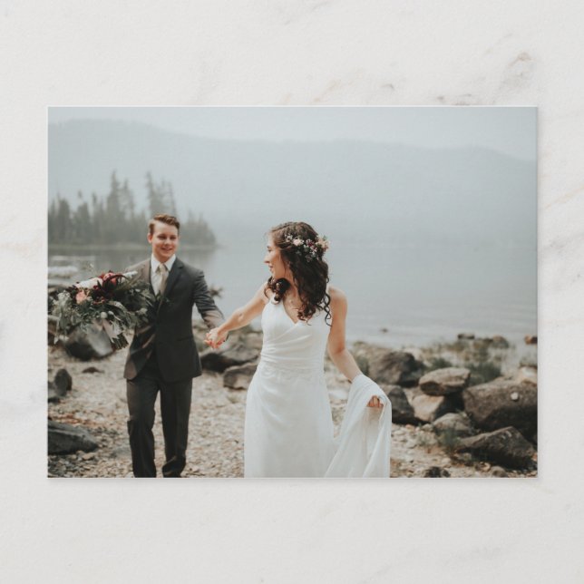 Simple Calligraphy Wedding Foto Vielen Dank Ankündigungspostkarte (Vorderseite)