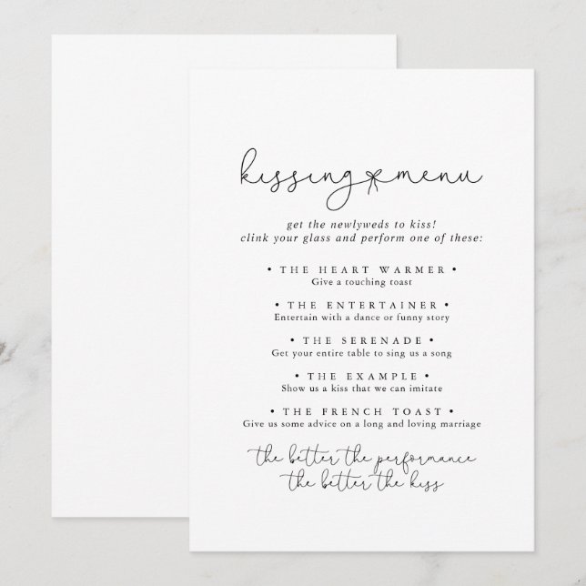 Simple Calligraphy Wedding Kissing Menu Game Card (Vorne/Hinten)