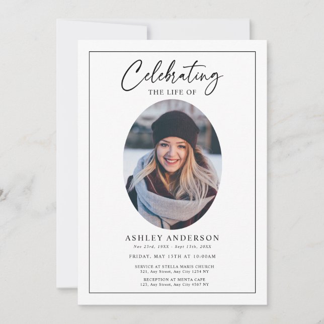 Simple Celebration of Life Black White Funeral Einladung (Vorderseite)