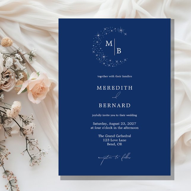 Simple Celestial Elegant Blue Monogram Wedding Einladung (Von Creator hochgeladen)
