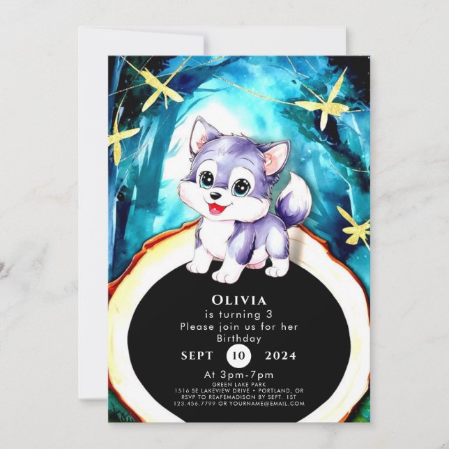 Simple Charm Wolf Birthday Einladung (Vorderseite)